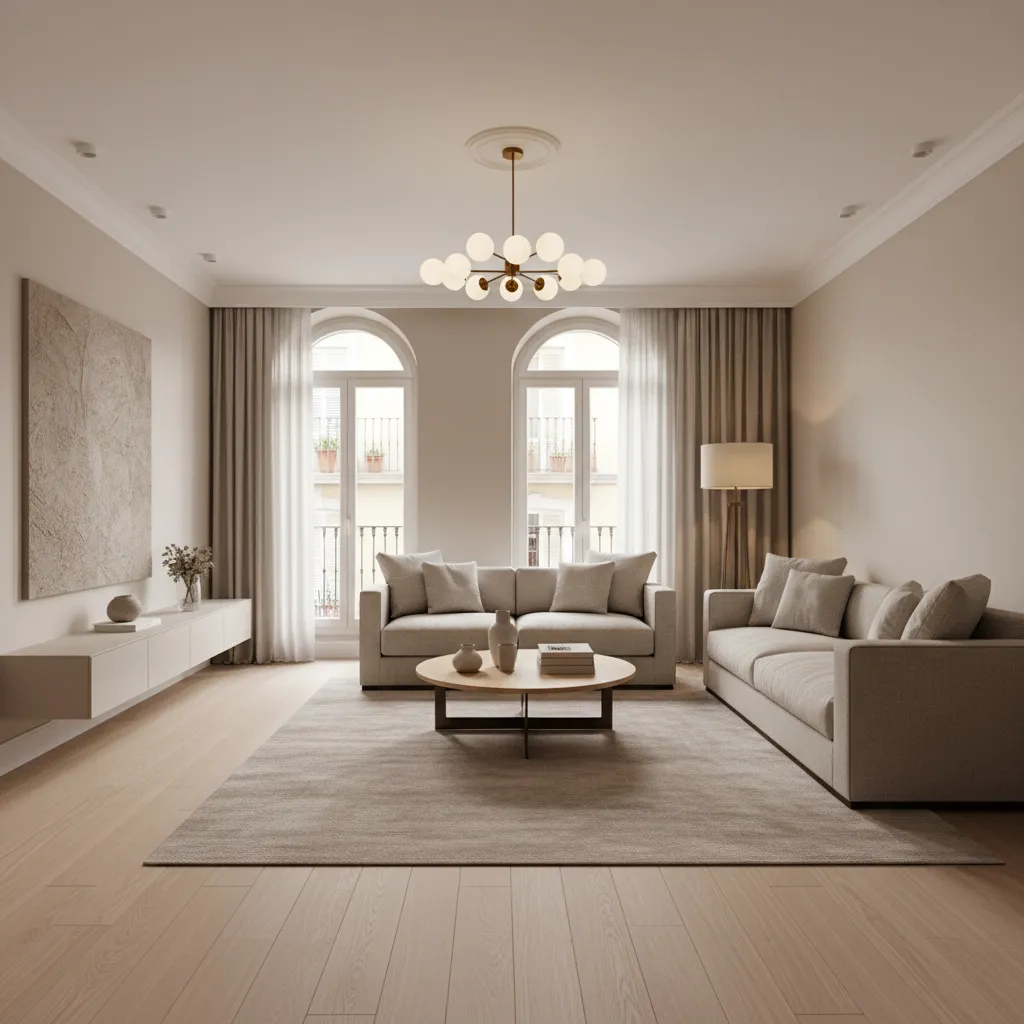 Modern beige living room with two grey sofas round coffee table rug and ceiling light