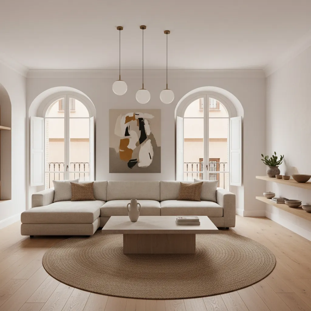 Modern living room with beige sofa, wood coffee table, round rug, art, and ceiling light
