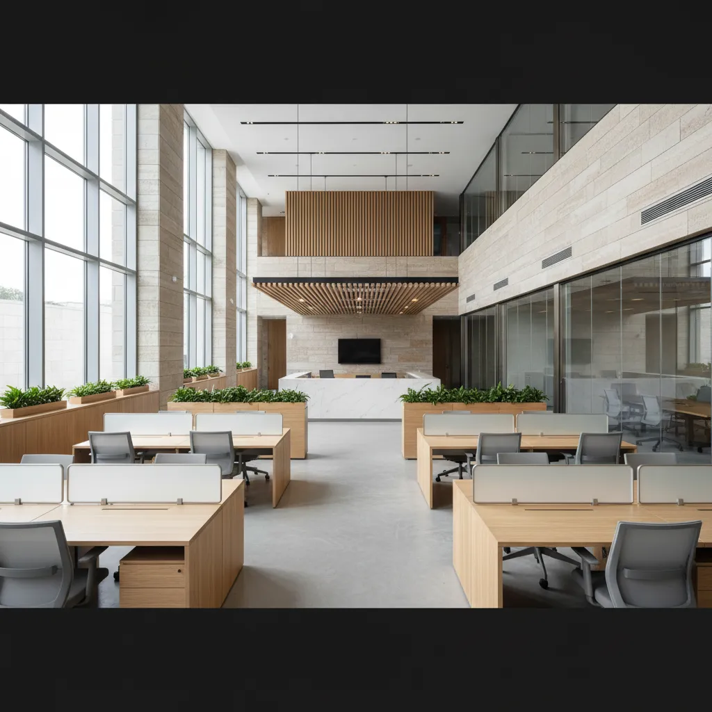 Modern office workspace with wooden desks, gray chairs, large windows, plants, and a reception desk