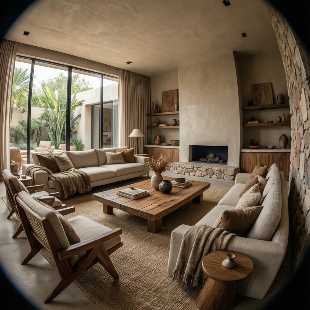 Earthy living room with stone fireplace, wooden coffee table, beige sofas, and large glass windows
