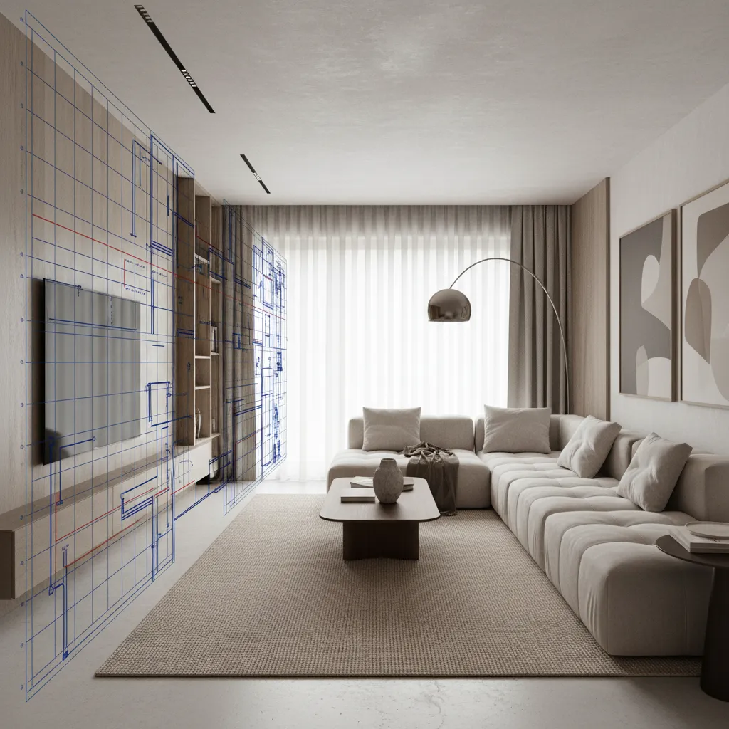 Modern living room with cream sofa and blue interior design drawing overlay on the wall