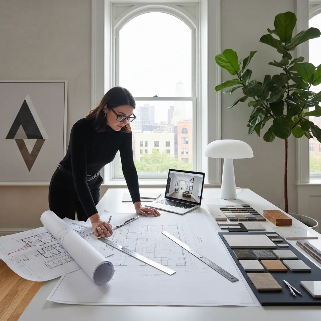 Interiorista revisando un plano de distribución en una mesa de trabajo