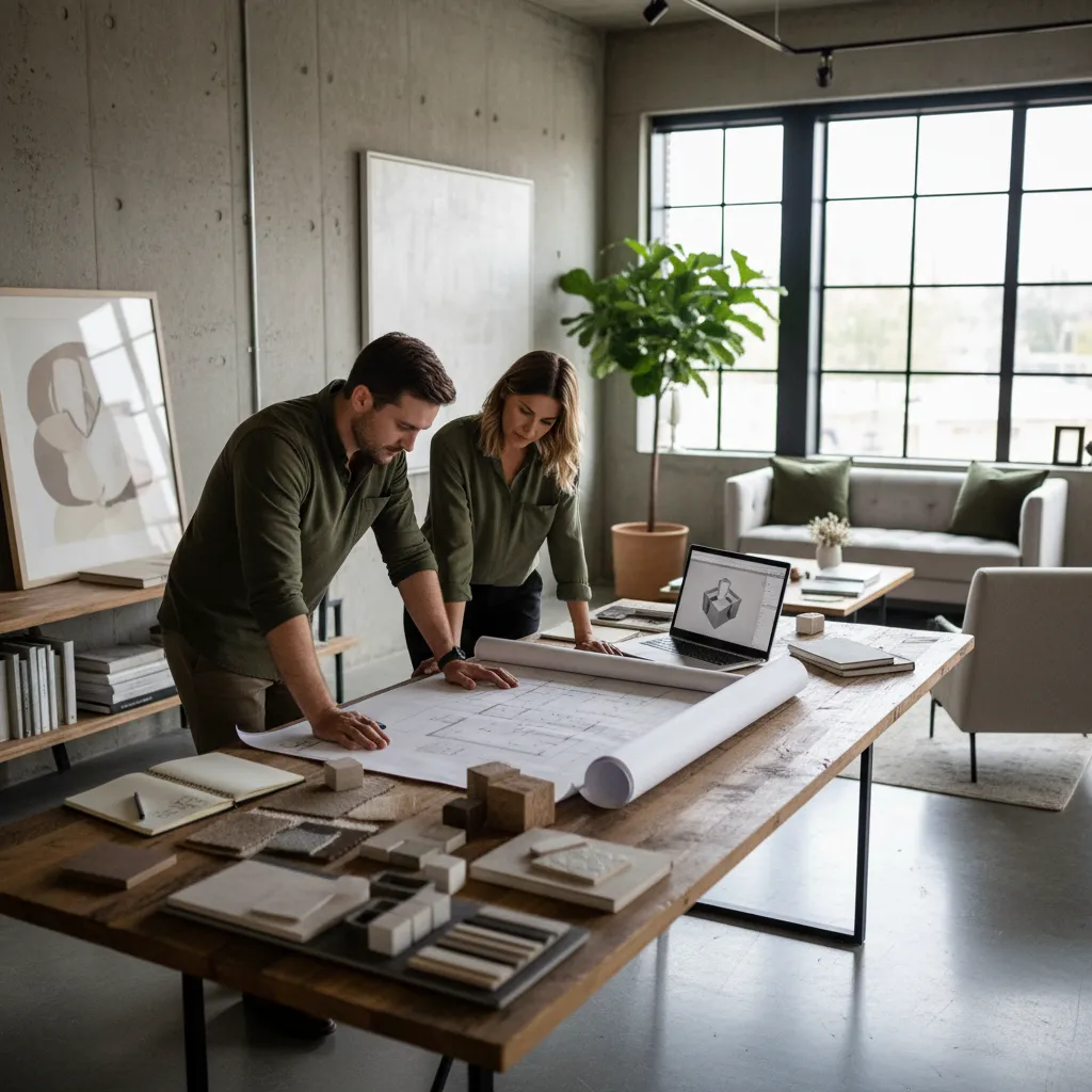 Two interior designers reviewing a room layout on a wooden table in a modern office