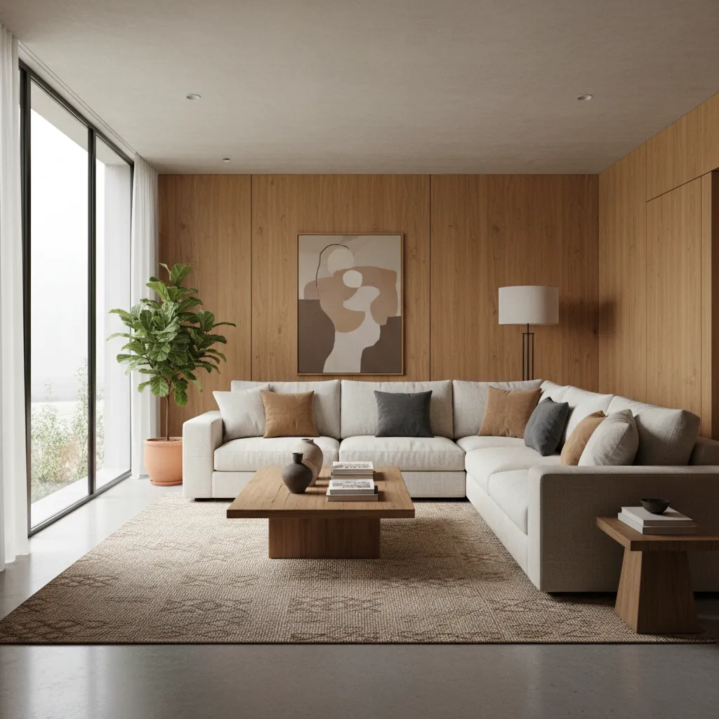 Sala de estar diseñada por interioristas chilenos con materiales naturales