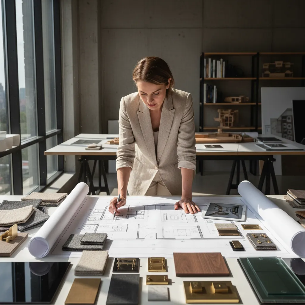 Diseñador revisando planos de un salón moderno durante un proyecto de interiorismo