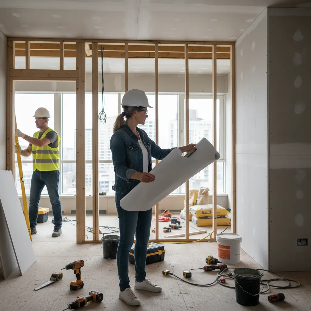 Diseñador de interiores supervisando una reforma en obra