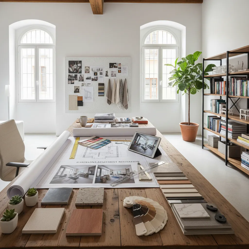 Interiorista revisando planos y muestras de materiales en una mesa de trabajo