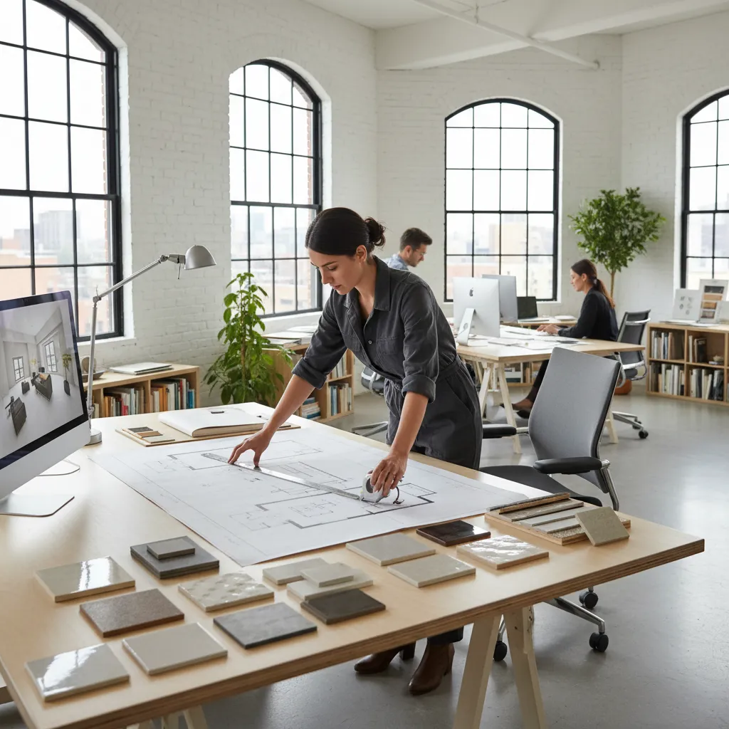 Diseñador de interiores analizando planos de distribución de vivienda
