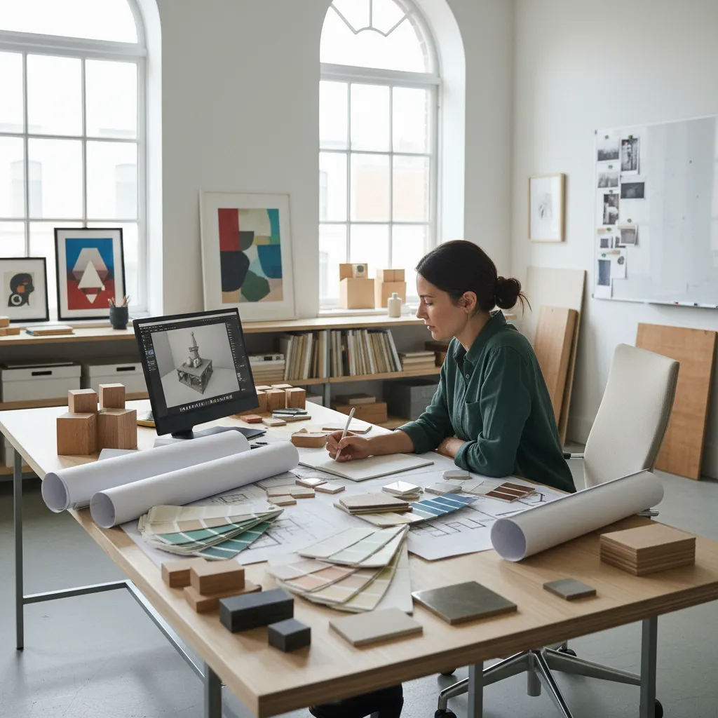 Interiorista revisando planos de diseño interior en una mesa de trabajo