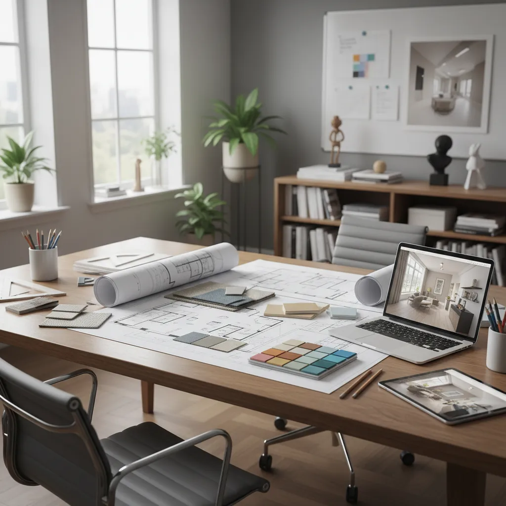 Interiorista revisando planos y muestras de materiales en mesa de trabajo