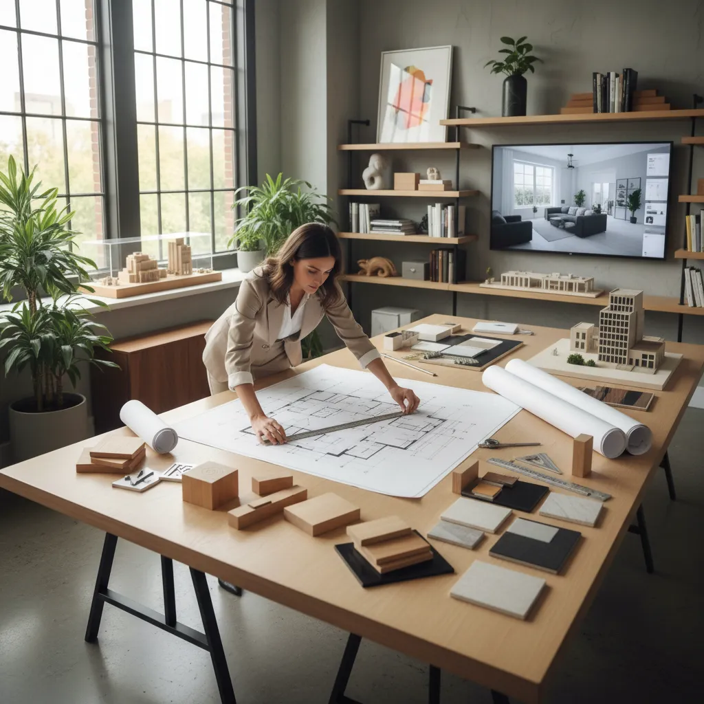 Interior designer working on floor plan with wooden models and material samples on large desk