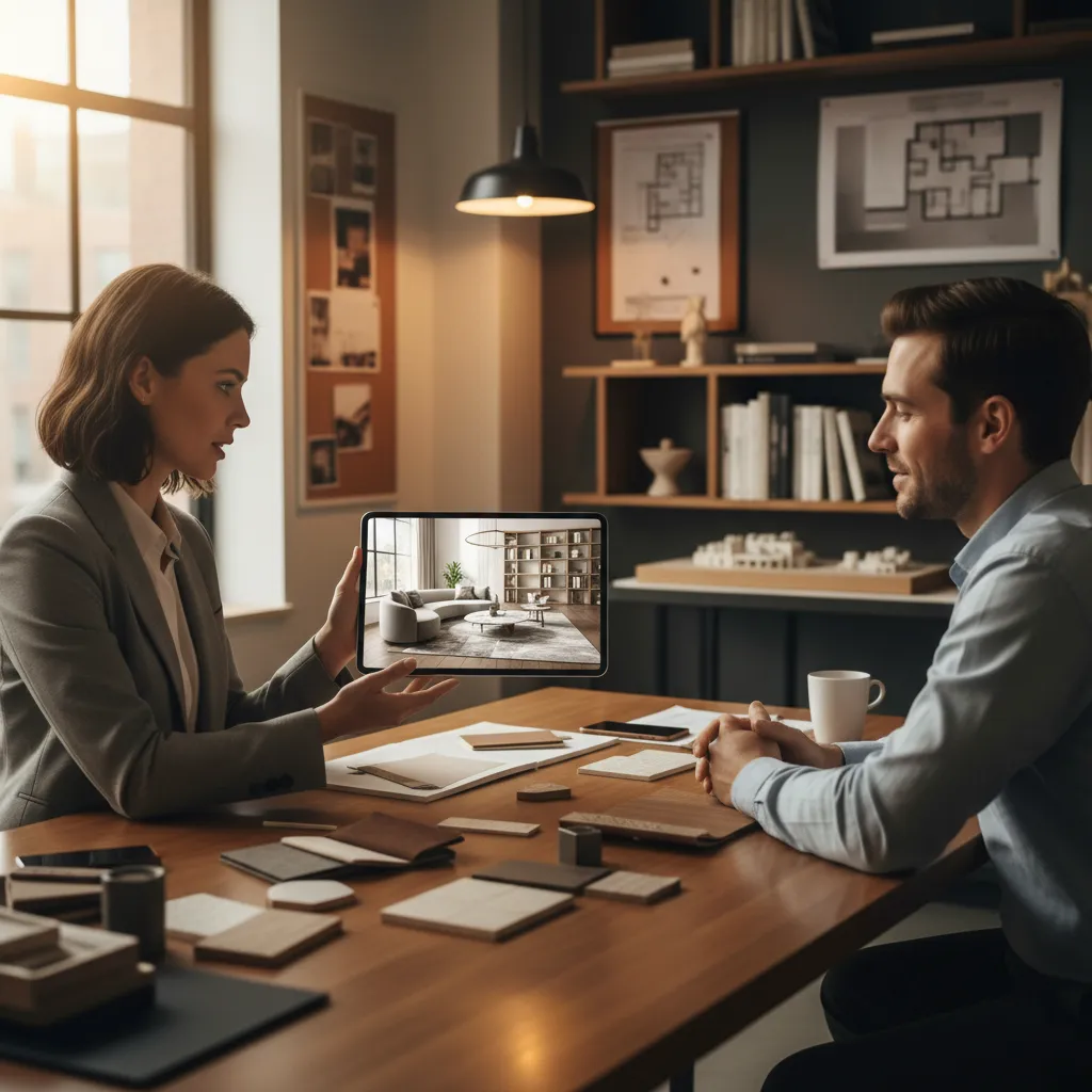 Designer showing living room design on tablet to man sitting at a large wooden table