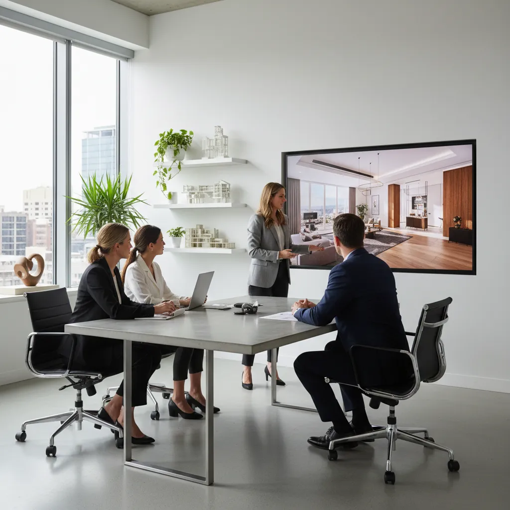Interior designer presenting a living room design on a large screen to colleagues in office