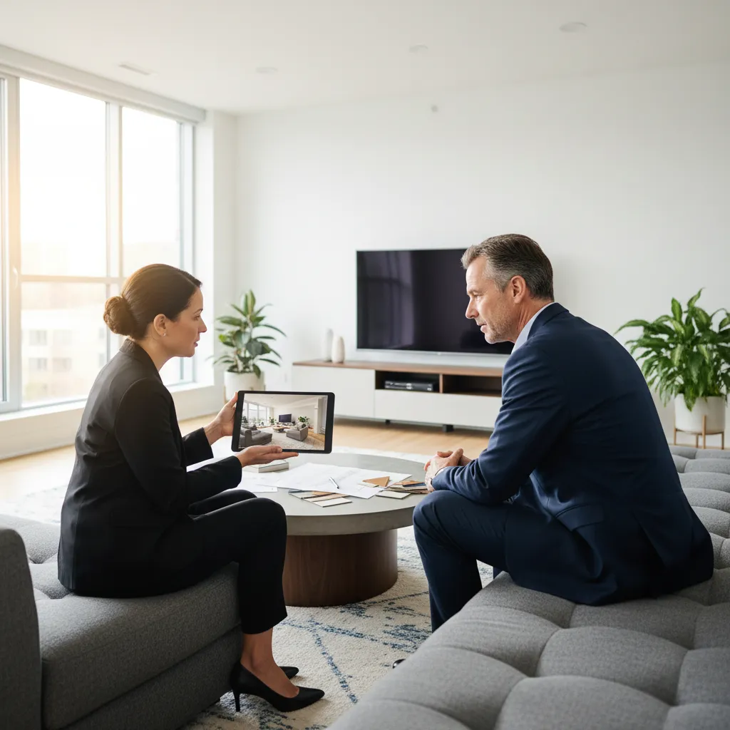 Interior designer showing a room layout using a tablet to a client on a sofa