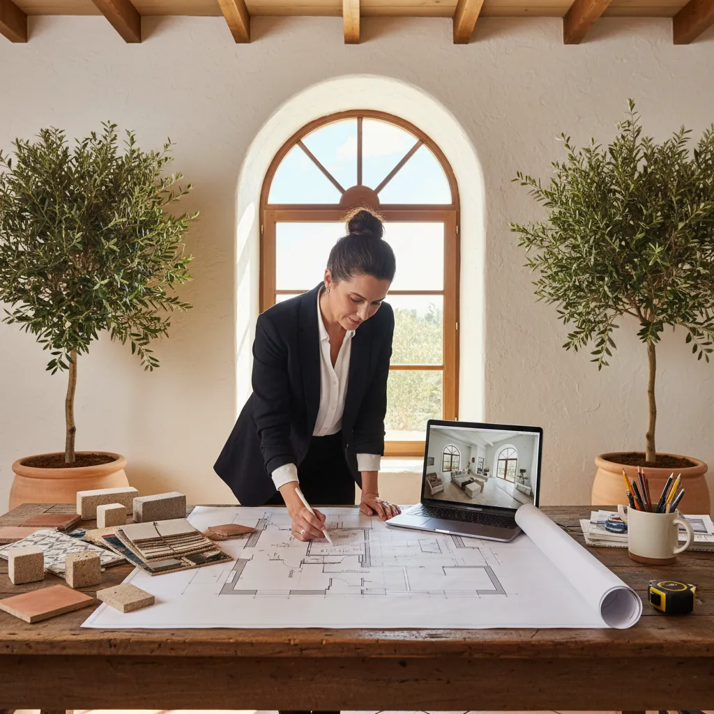 Interiorista revisando planos de una vivienda en Palma