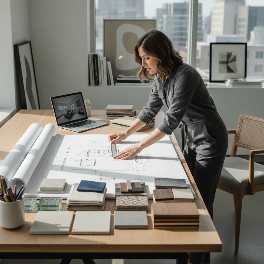 Diseñador de interiores revisando planos y materiales en una mesa de trabajo