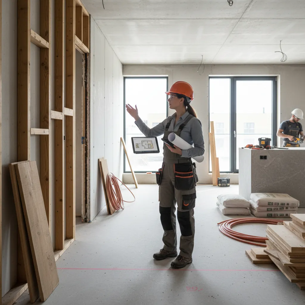 Diseñadora de interiores revisando detalles de una reforma en obra