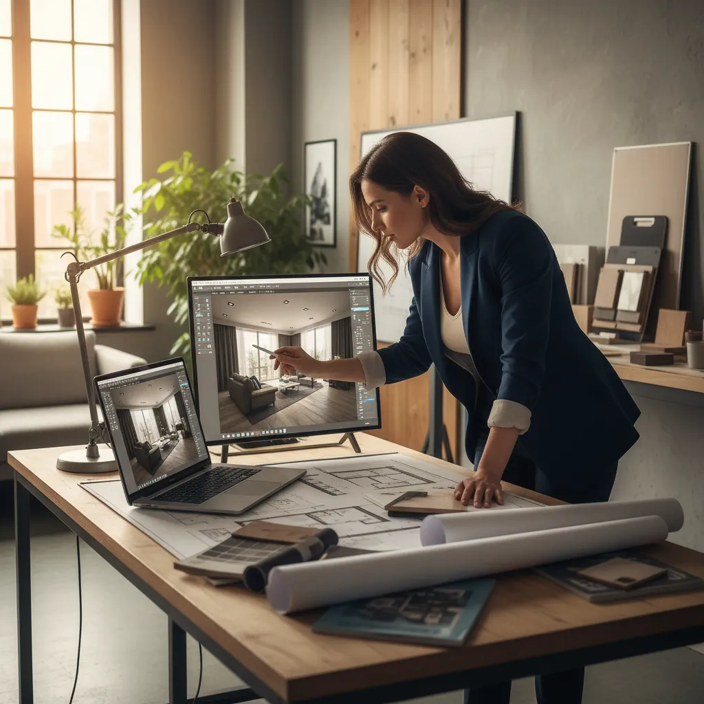 Designer standing at desk pointing at living room interior design drawing on computer with plans
