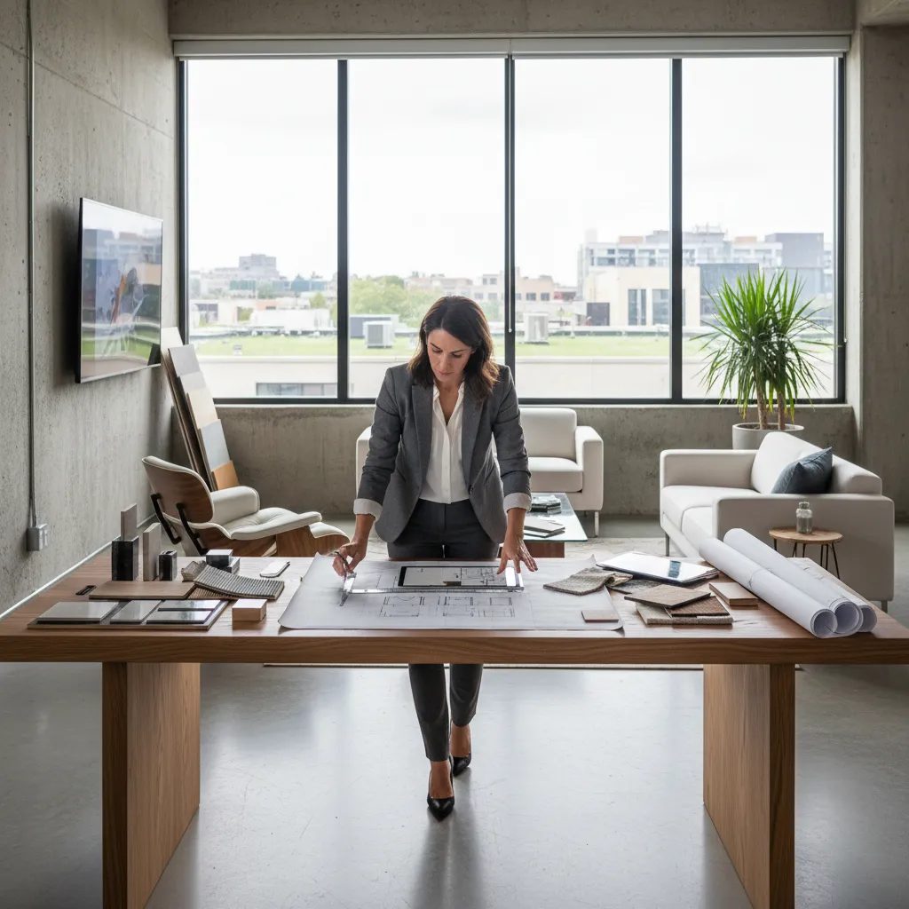 Diseñador de interiores revisando planos en un estudio de diseño