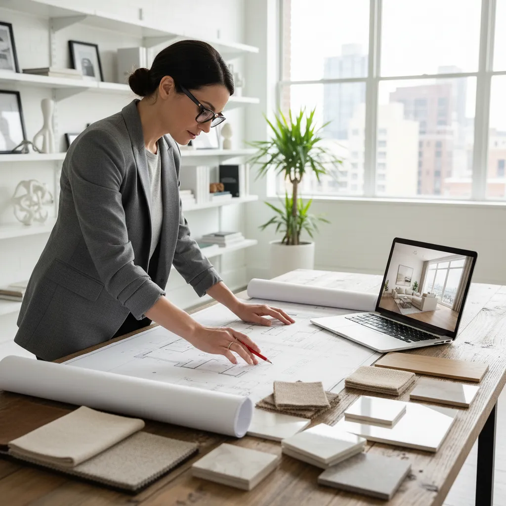 Diseñador de interiores revisando planos en un estudio de diseño
