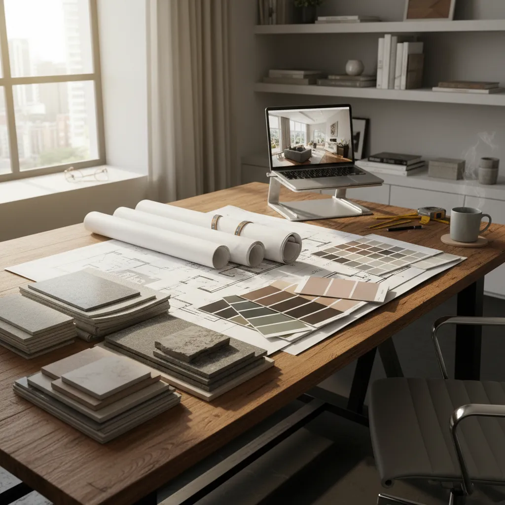 Wooden desk with floor plans color swatches tile samples and laptop showing a living room