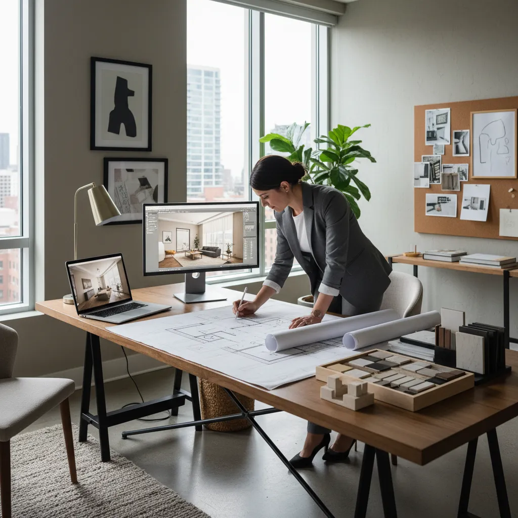 Interior designer working on floor plan drawing with computer screen and material samples in office