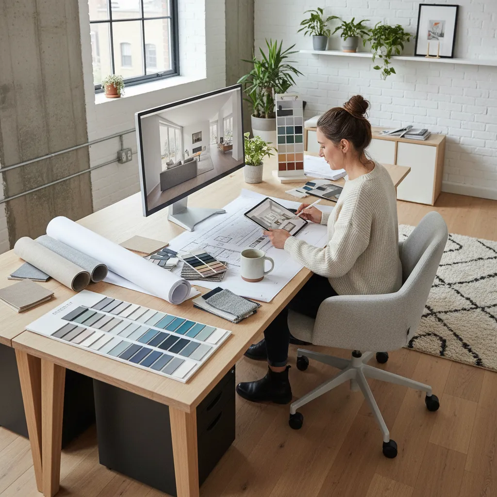 Interiorista trabajando con planos y muestras de materiales en una mesa de proyecto