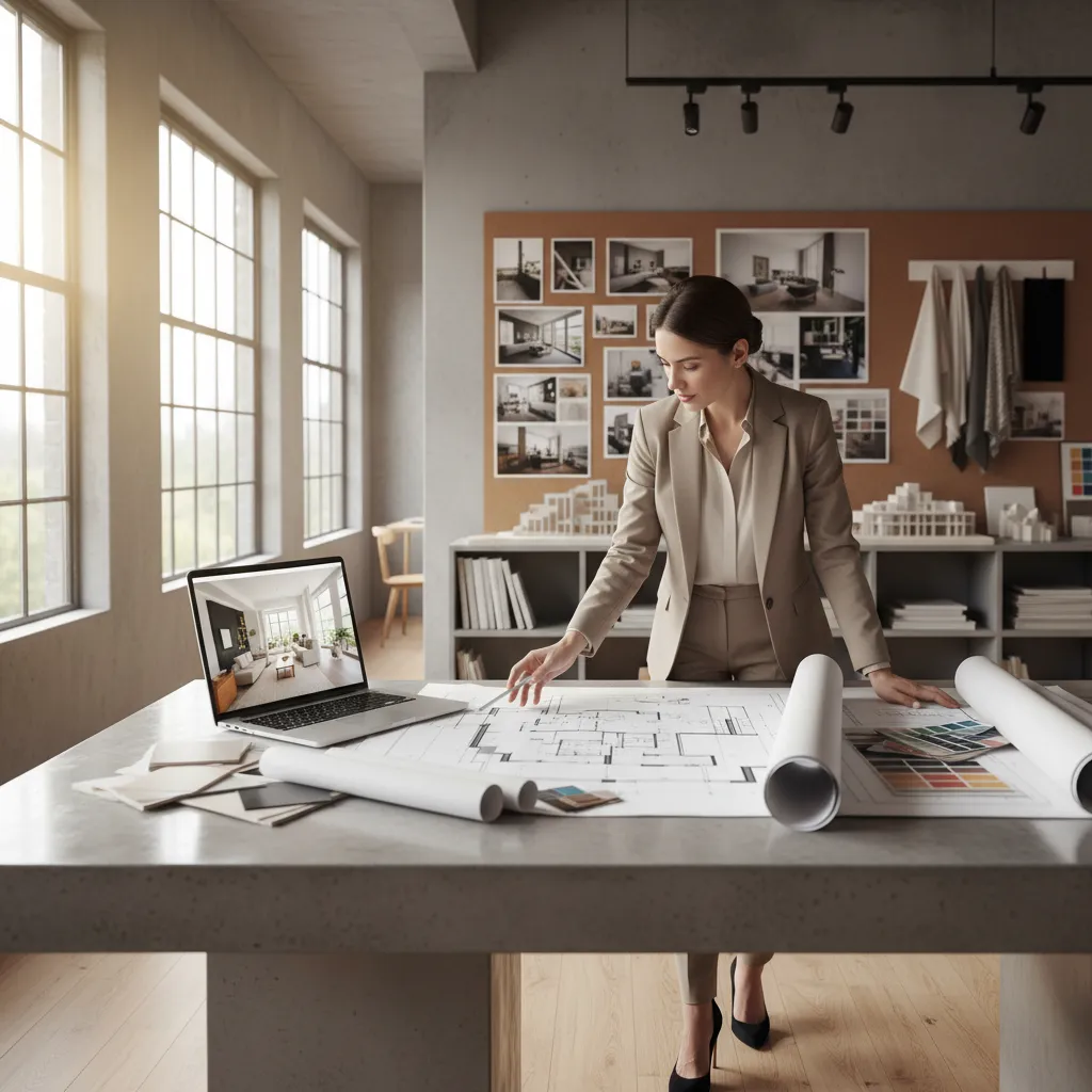 Interiorista revisando planos de reforma en un estudio de diseño