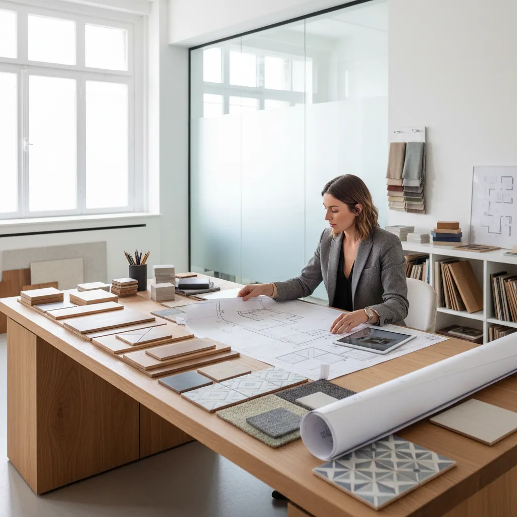 Interiorista revisando materiales y planos de un proyecto