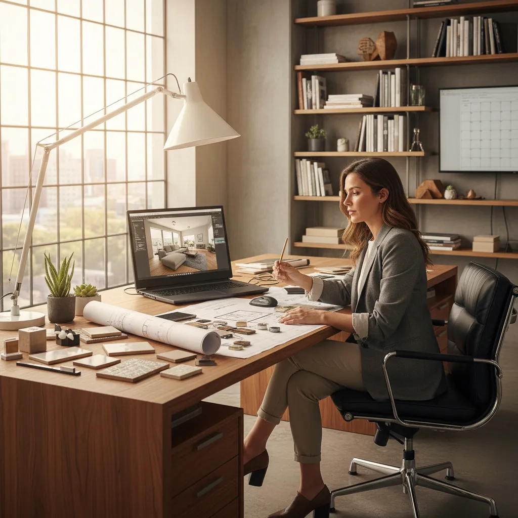 Diseñador de interiores revisando planos y muestras de materiales
