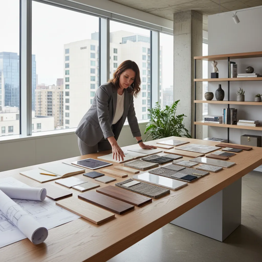 Interior designer selecting materials like wood and tile on a large table with floor plans