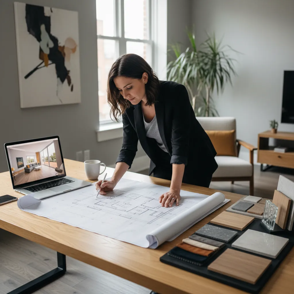 Interiorista profesional revisando planos de una vivienda