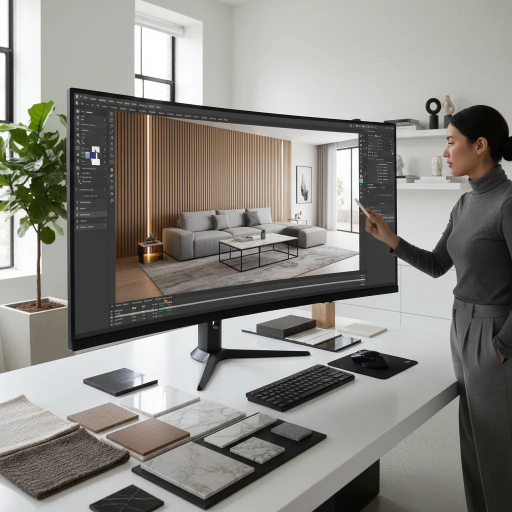 Diseñador creando visualización 3D de un salón moderno