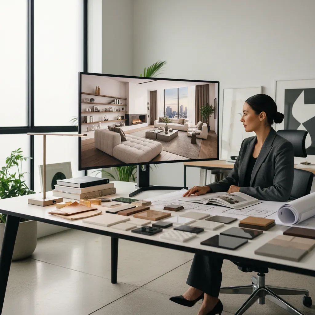 Interiorista revisando un render 3D de un salón moderno