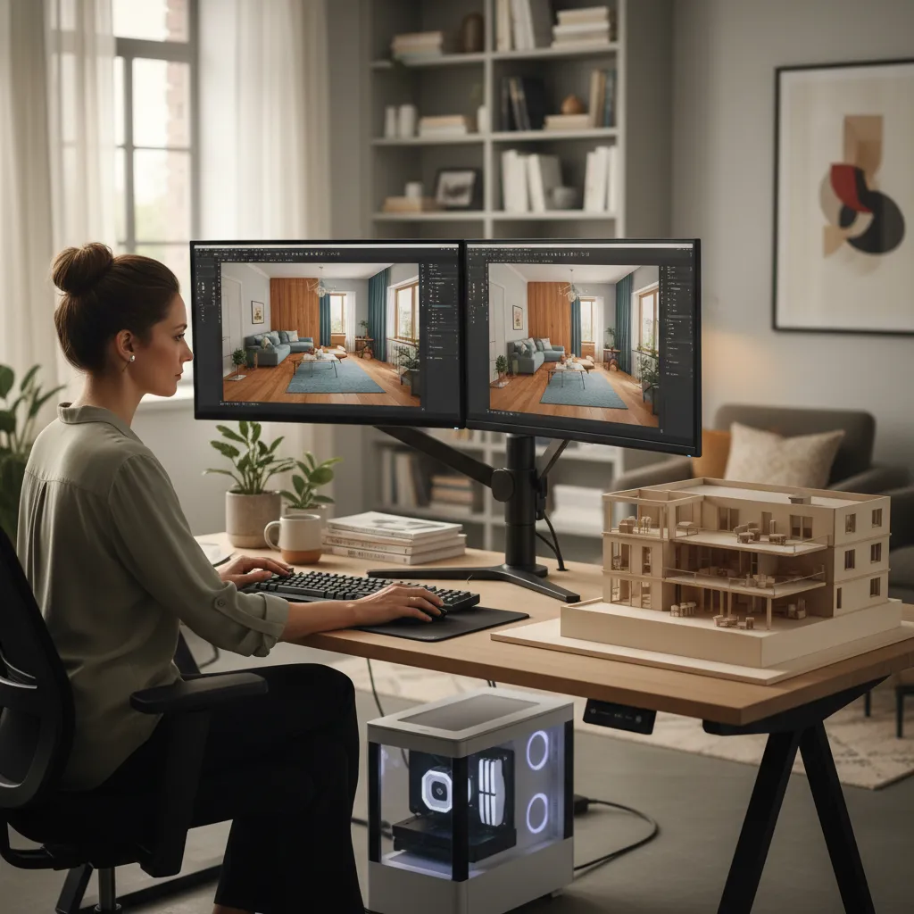 Interiorista creando un render 3D en ordenador