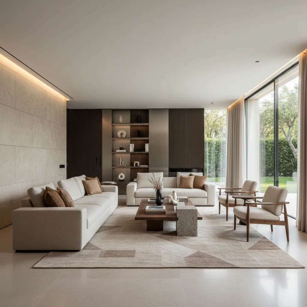 Modern living room with beige sofa wooden coffee table armchairs large window and natural light