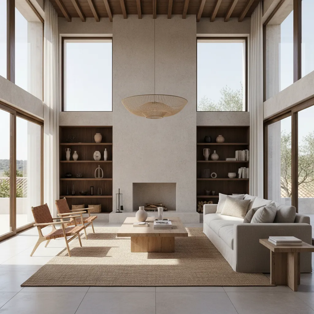 Modern living room with white sofa fireplace wooden shelves ceiling light rug and bright windows