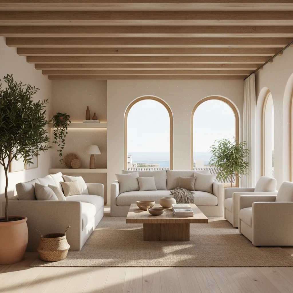 Living room with beige sofa, wooden coffee table, arched windows, sea view, and ceiling beams