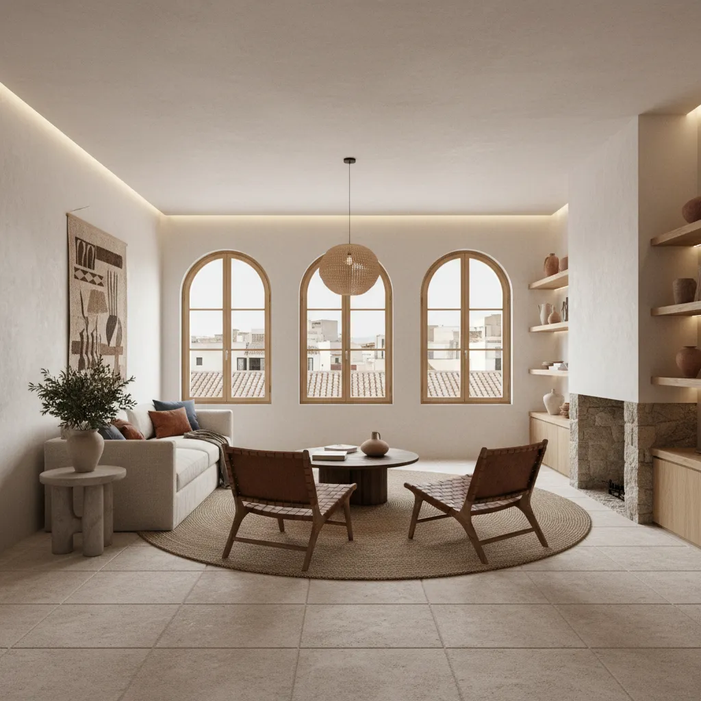Minimalist living room with three arched windows, white sofa, wooden chairs, and round ceiling light