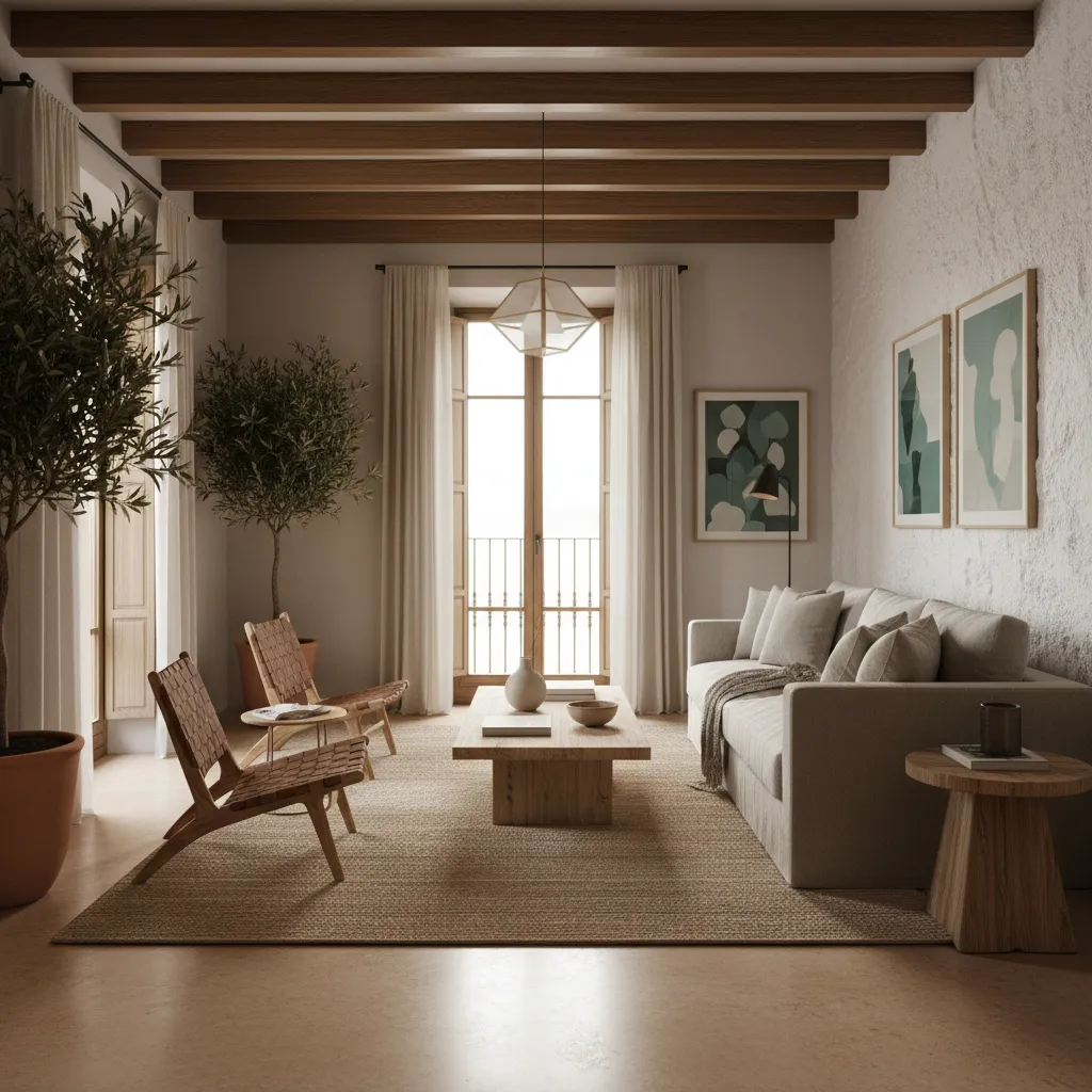 Modern living room with wooden ceiling beams beige sofa two chairs coffee table and plants
