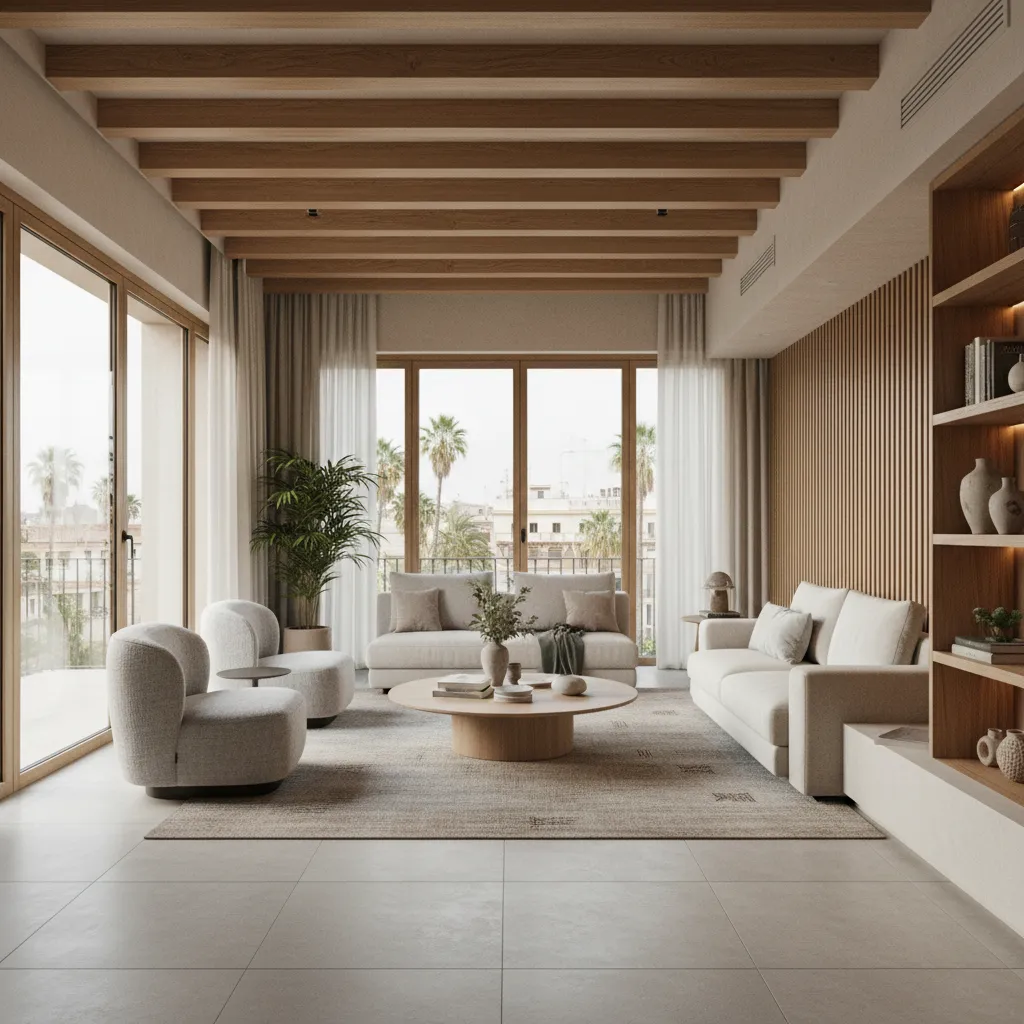 Modern living room with wooden ceiling beams, beige sofas, round coffee table, and large windows