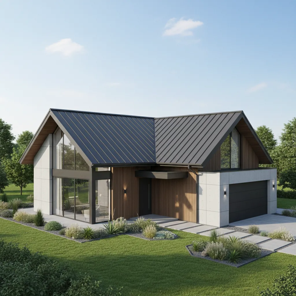 Modern home with dark interlock metal roofing viewed from an elevated angle
