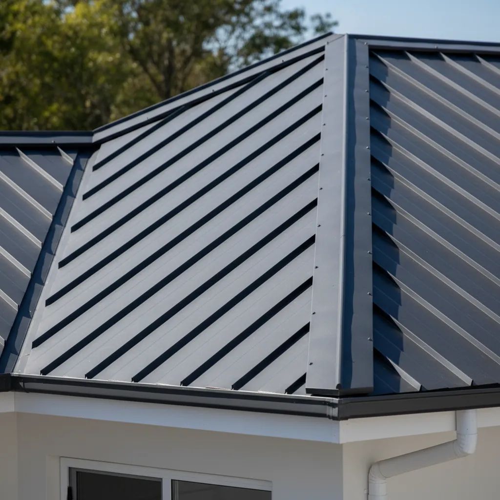 Close view of interlocking metal roof panels installed on a residential roof