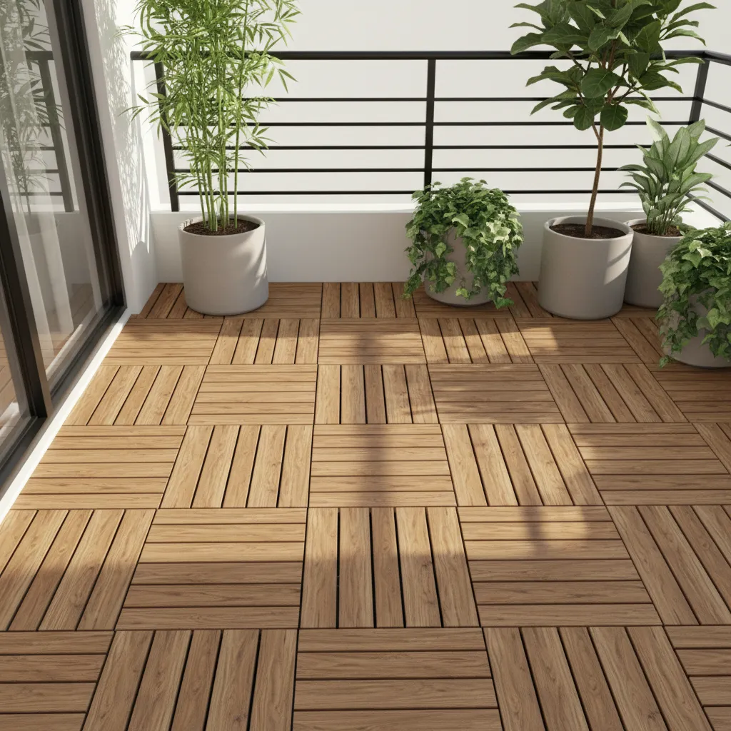 Interlocking wooden deck tiles installed on a small balcony garden
