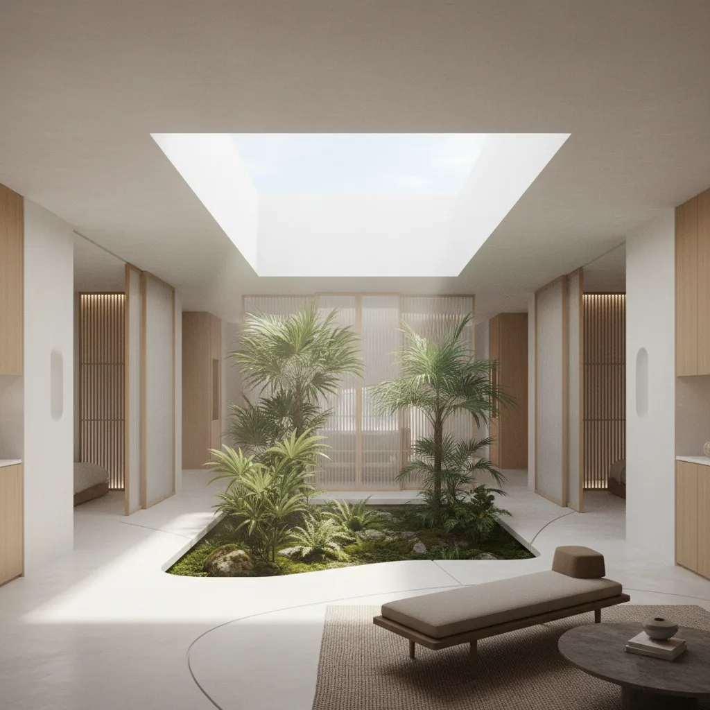 House Plan with Internal Garden: An interface where living breathes through a central green core