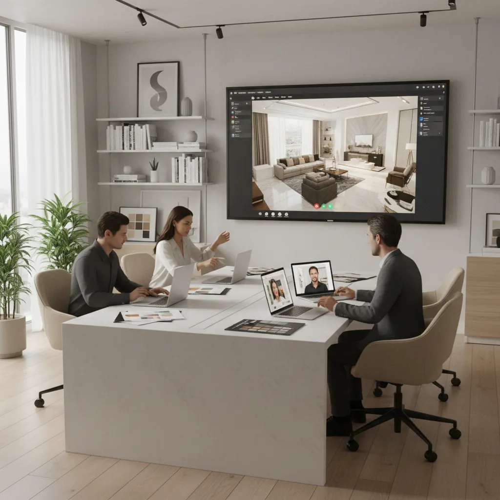 Interior designers reviewing a 3D layout on a screen during a remote collaboration meeting