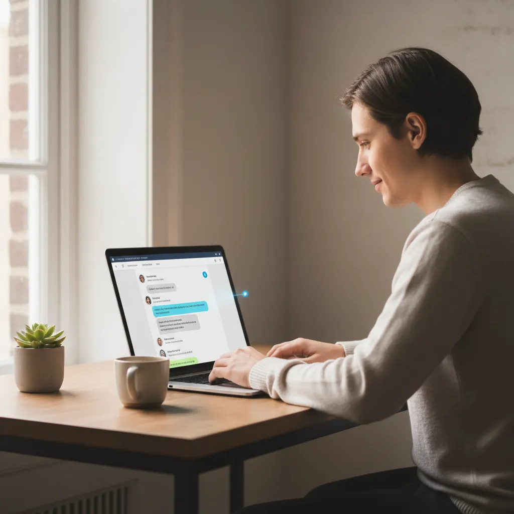 Person using laptop reading humorous internet slang conversation online