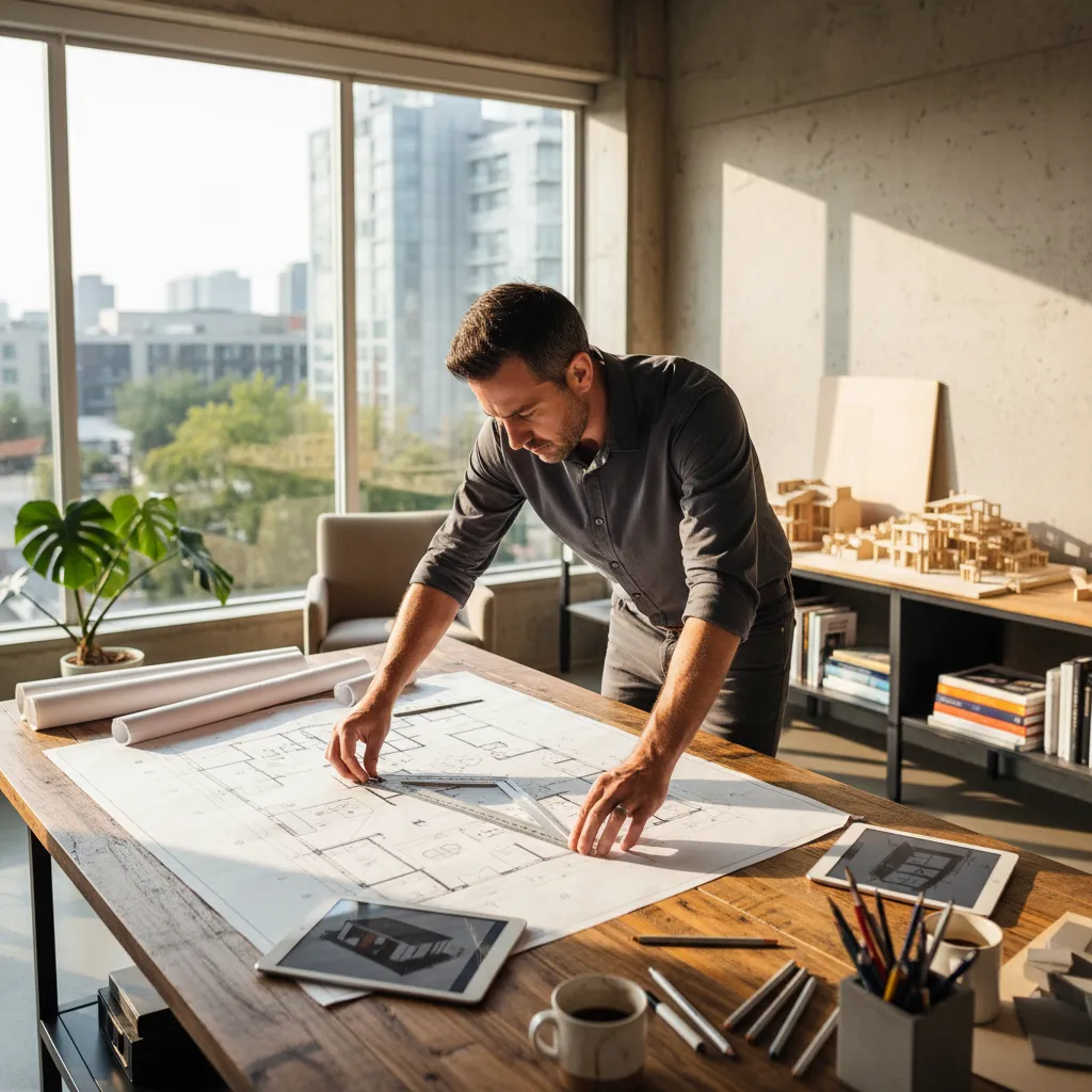 Arquitecto analizando plano de vivienda en mesa de trabajo