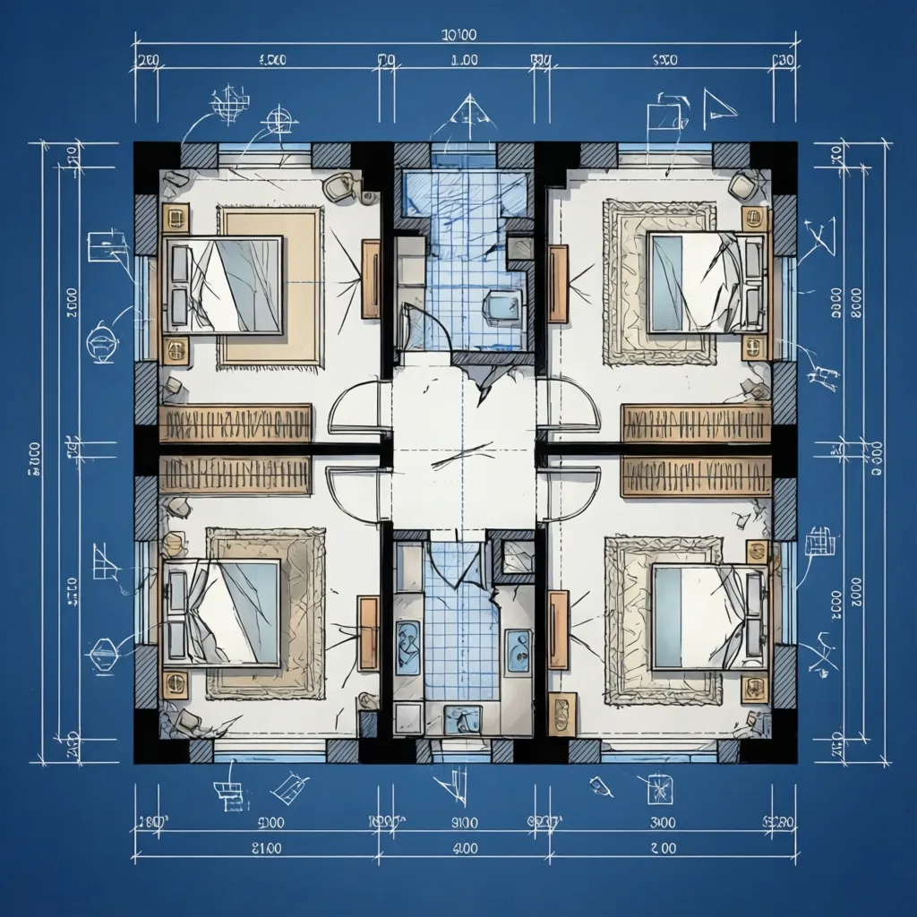 Plano de vivienda con etiquetas que muestran puertas paredes y cotas