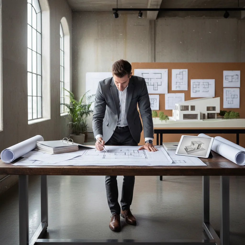 Arquitecto revisando planos técnicos de una casa en mesa de trabajo
